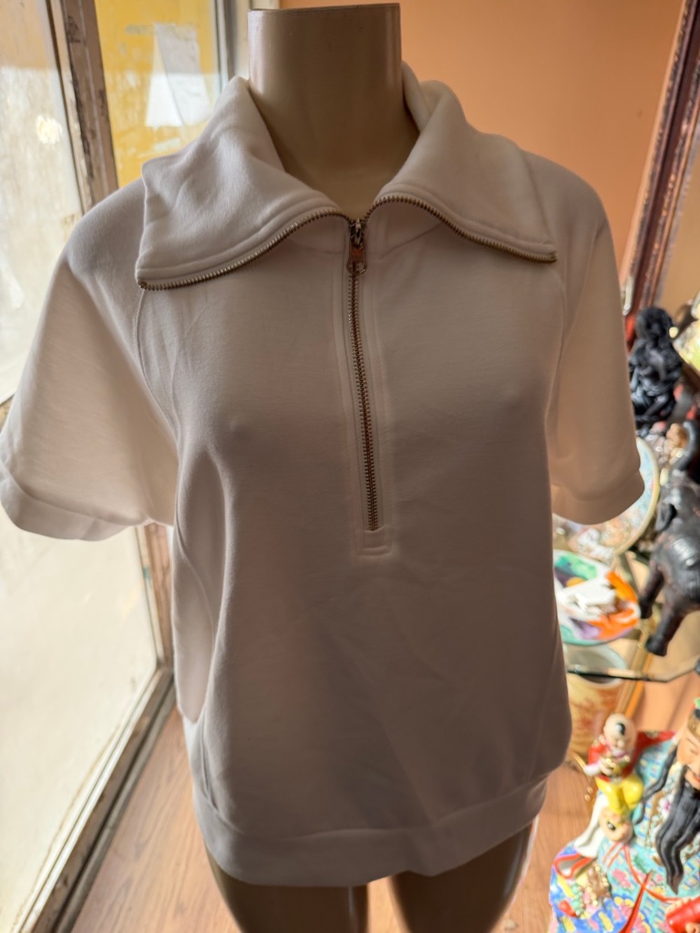 Tahari White Half-Zip Short Sleeve Pullover